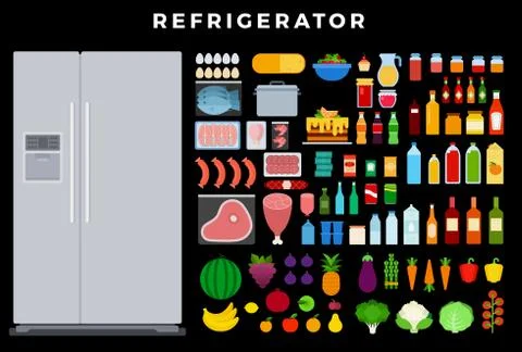 Refrigerator vector flat set with eggs, fish, meat, sausages, berries, cake Illustrazione stock