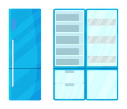 Refrigerator without food. Open, empty and closed fridge, flat vector image Illustrazione stock