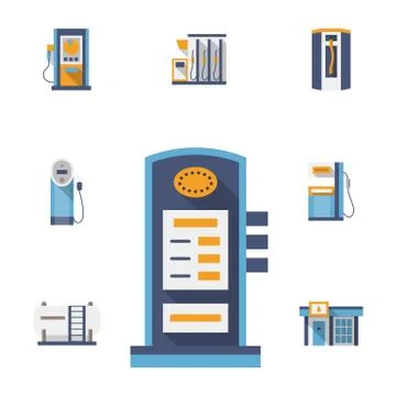 Refuel station flat color vector icons set Stock Illustration