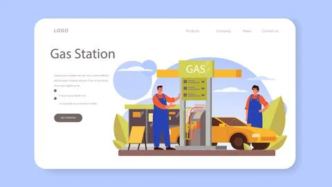 Refueler web banner or landing page. Gas station worker in uniform working Stock Illustration