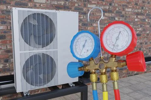 Refueling the external unit of the air conditioner 3d Stock Photos