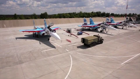 Refueling of russian fighters SU-27 at the landing field during military Stock Footage 73482771