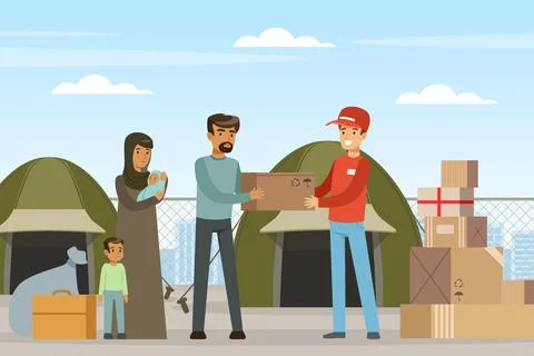 Refugee and Asylum Seeker Getting Humanitarian Aid from Volunteer Vector Stock Illustration