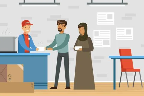 Refugee and Asylum Seeker Getting Humanitarian Aid from Volunteer Vector Stock Illustration