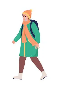 Refugee boy with backpack running away from war semi flat color vector charac Stock Illustration