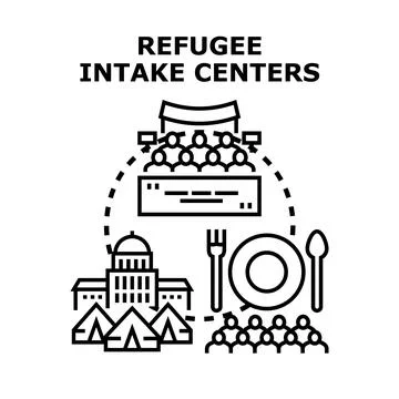 Refugee intake centers concept offering aid and support Stock Illustration