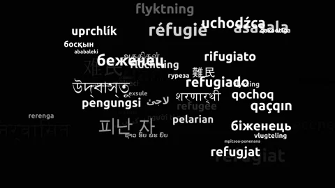 Refugee Translated in 52 Worldwide Languages Endless Looping 3d Zooming Wordc Stockbeeldmateriaal 145207102