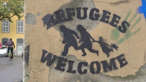 Refugees are welcome sign, Bamberg, Germany Stock Footage