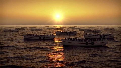 Refugees on boats floating on the sea sunset Stock Footage