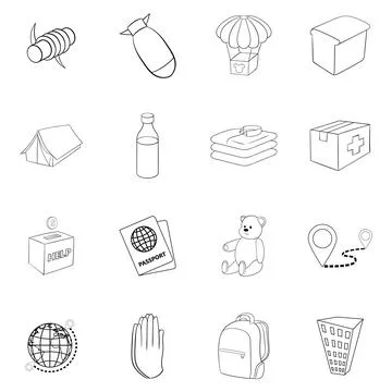 Refugees icon set outline Stock Illustration