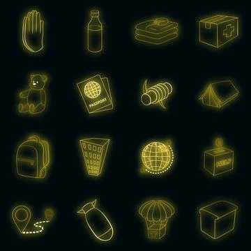 Refugees icons set vector neon Stock Illustration