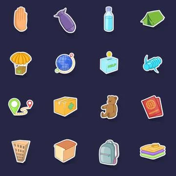 Refugees icons set vector sticker Illustration