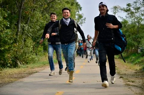 Refugees leaving Hungary Stock Photos