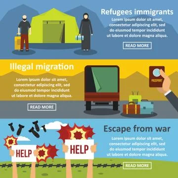 Refugees migrate banner horizontal set, flat style 스톡 일러스트