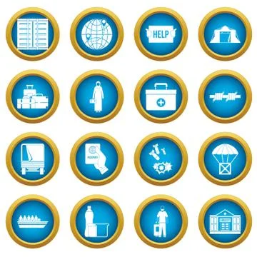 Refugees problem icons blue circle set 스톡 일러스트