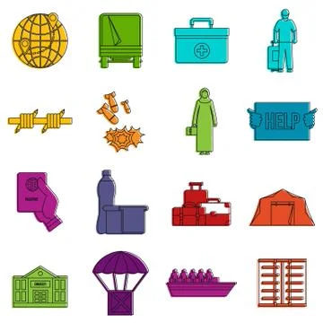 Refugees problem icons doodle set Stock Illustration