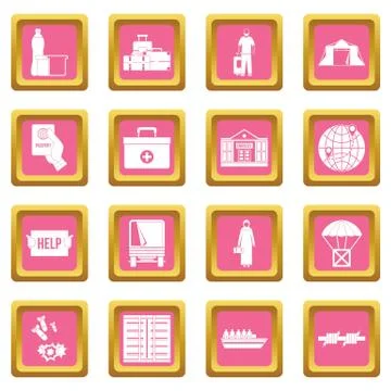 Refugees problem icons pink Illustrazione stock