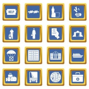 Refugees problem icons set blue Illustrazione stock
