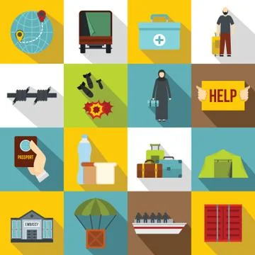 Refugees problem icons set, flat style 스톡 일러스트