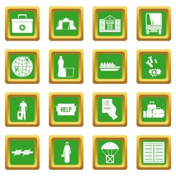 Refugees problem icons set green Illustrazione stock