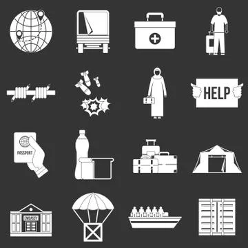 Refugees problem icons set grey Illustrazione stock