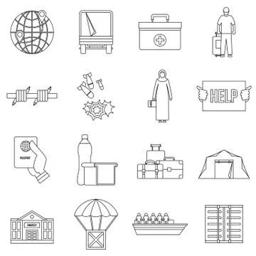 Refugees problem icons set, outline style 스톡 일러스트