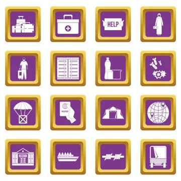 Refugees problem icons set purple Illustration