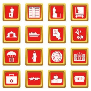 Refugees problem icons set red 스톡 일러스트