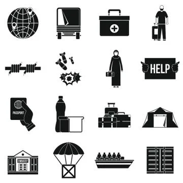 Refugees problem icons set, simple style Ilustración de archivo