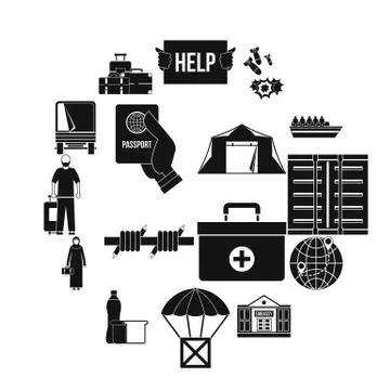 Refugees problem icons set, simple style Illustrazione stock