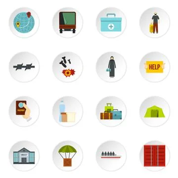 Refugees problem set flat icons 스톡 일러스트