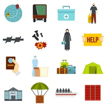 Refugees problem set flat icons Illustrazione stock