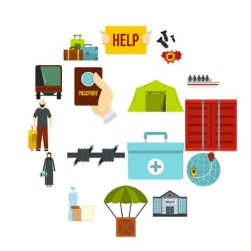 Refugees problem set flat icons Illustrazione stock