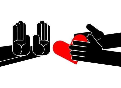 Refusal of love. Man refuses to accept heart. Hands make refusal of love. Stock Illustration