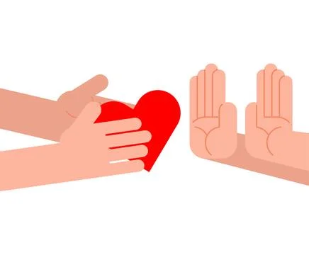 Refusal of love. Man refuses to accept heart. Hands make refusal of love. Stock Illustration
