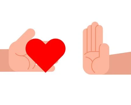Refusal of love. Man refuses to accept heart. Hands make refusal of love. Stock Illustration