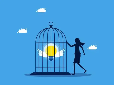 Refusing to disclose knowledge or business secrets. woman locks a light bulb  Illustrazione stock
