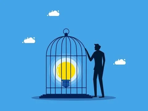 Refusing to disclose knowledge or business secrets. man locks a light bulb in Illustrazione stock