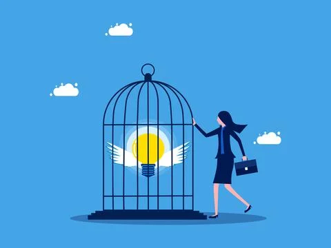 Refusing to disclose knowledge or business secrets. Businesswoman locks a lig Illustrazione stock
