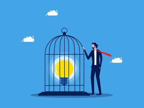 Refusing to disclose knowledge or business secrets. Businessman locks a light Illustrazione stock
