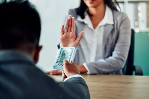 Refusing illegal bribe, corruption and dirty money to avoid unethical, fraud and Stock Photos