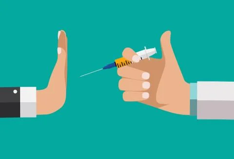 Refusing vaccine concept. Doctor hand offers gives medicines, but the patient Stock Illustration
