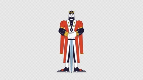 Regal king in red royal robe holding sword upright 2D character animation Stock Footage 327460818
