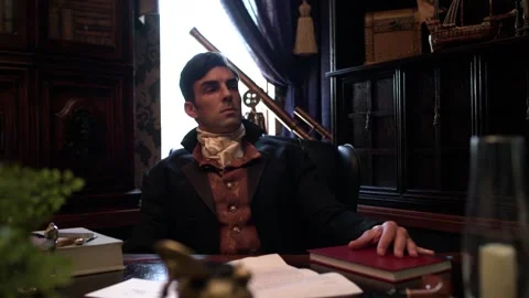 Regency or Victorian man contemplating in his study Stock Footage 208218759