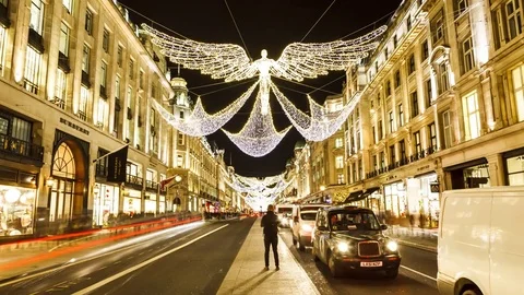 Regent Street London Hyperlapse Time-Lapse, night, Christmas decoration Stock Footage