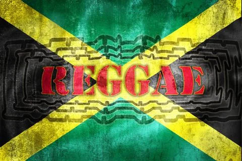 Reggae label illustration on grunge Jamaica flag Stock Photos