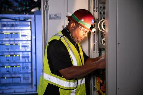 Reggie Martin, an engineer with Exploration Ground Systems, works on racks .. Stock Photos