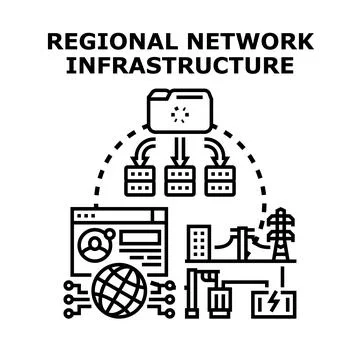 Regional network infrastructure connecting data, servers, and power systems Stock Illustration