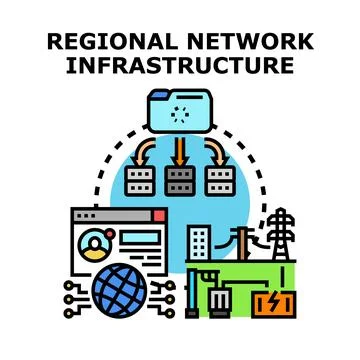 Regional network infrastructure connecting data, servers, and power systems Stock Illustration