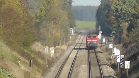 Regional Train red old to Munich Bavaria Landscape in the sunset Archive 2012 Stock Footage 310450077